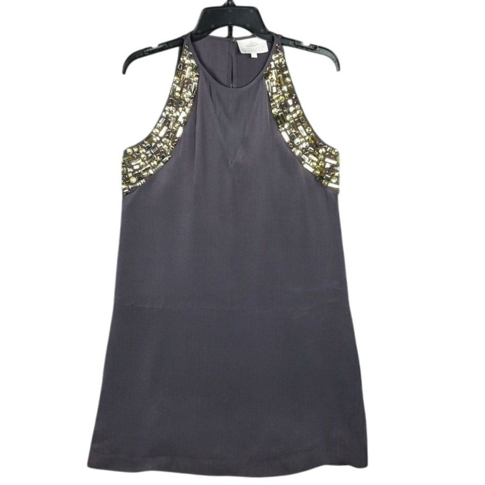 Madison Marcus Silk Embellished Mini Dress Womens S Gray Crystal Beaded Cocktail